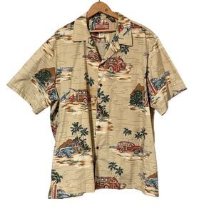 Vintage 90s RJC Men's 2XL Hawaiian Shirt Beige Graphic Print Short Sleeve cars